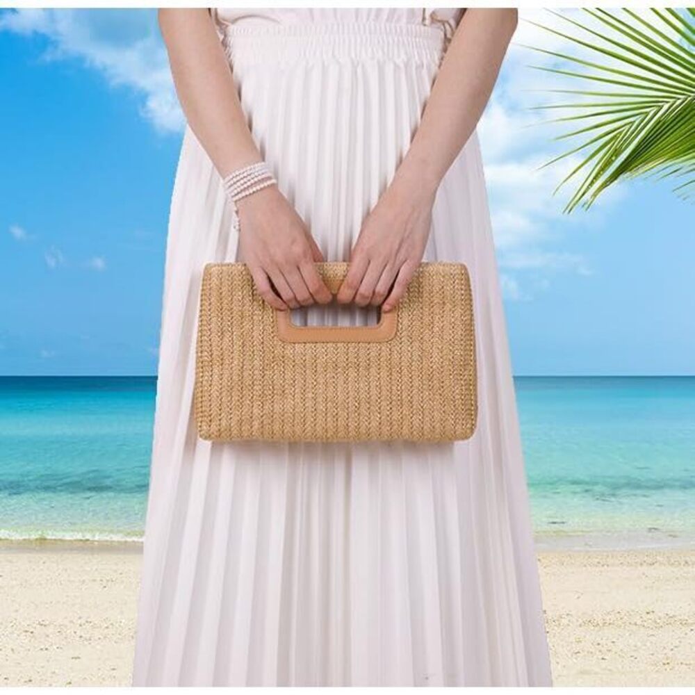 7449 Straw Purse Top Handle Clutch Bag, Woven Beach Shoulder Crossbody Bag - Picture 3 of 8